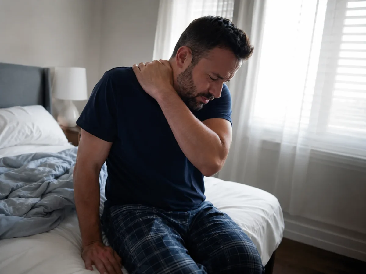 Man rubbing his neck and shoulder after waking up in pain