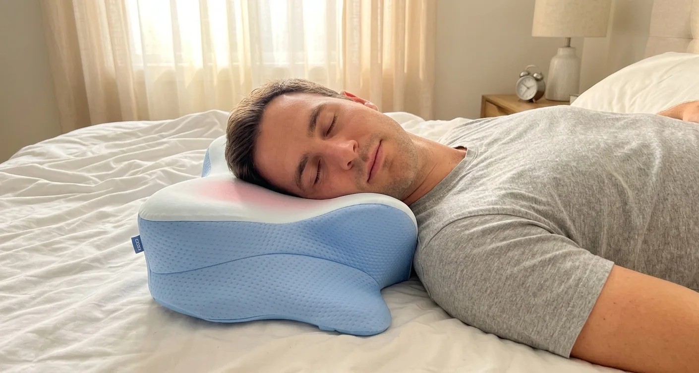 Man sleeping peacefully on the Derila Ergo butterfly-shaped pillow